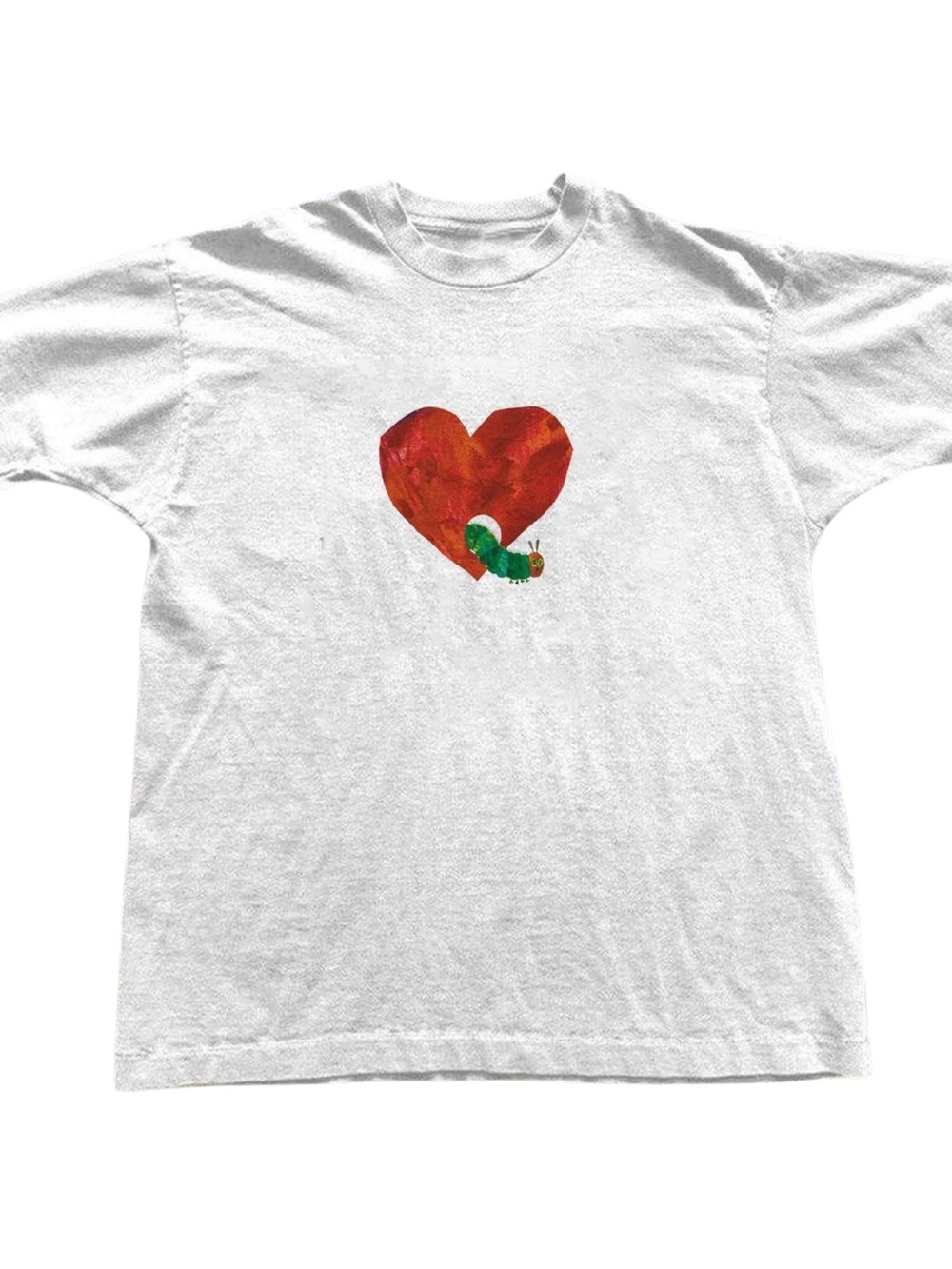 Gildan White T-Shirt with Red Heart & Green Caterpillar Graphic